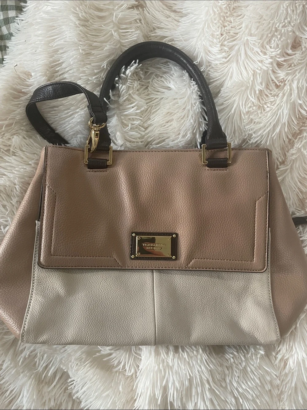 Women’s Designer Two-Tone Taupe & Cream Leather Satchel with Dark Brown Handles